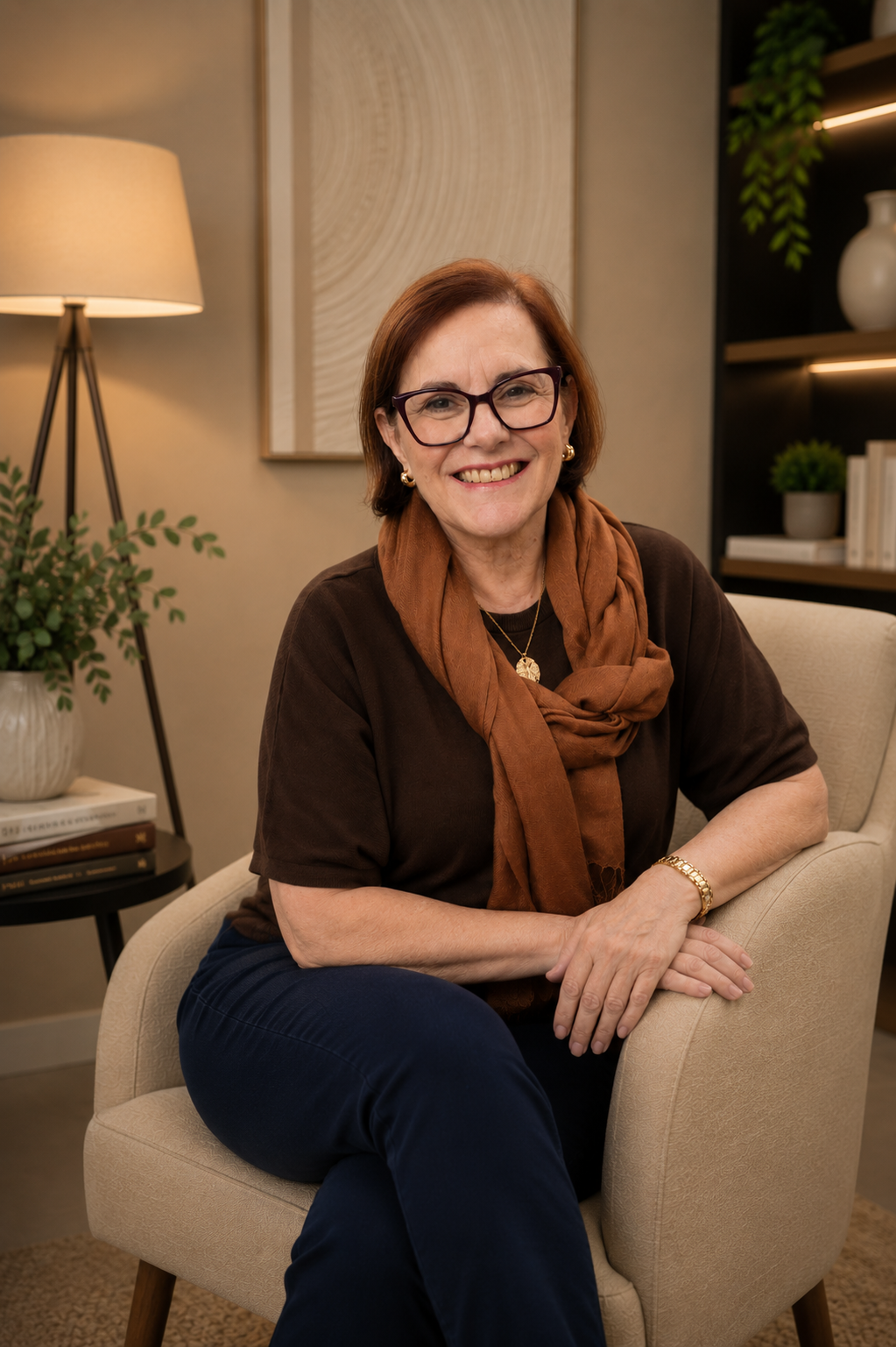 Retrato de Heloísa Ribas sorrindo em seu consultório